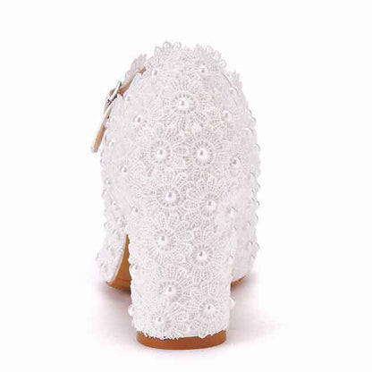 Women Wedding Shoes for Bride Low Heel Closed Toe Chunky Heel Lace Pumps