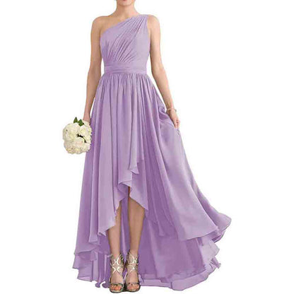 Women's One Shoulder Bridesmaid Dresses High Low Chiffon Evening Formal Gown with Pockets