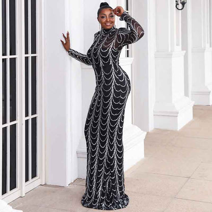 Women Plus Size Black Sequin Evening Dresses Long Formal Maxi Dresses