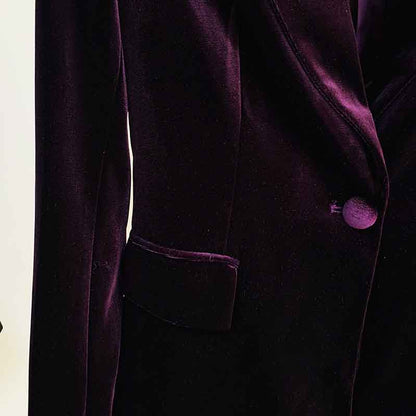 Women Velvet Dark Purple Blazer Pantsuit + Flare Trousers Suit