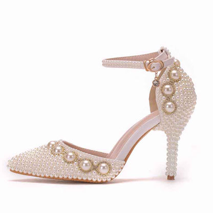 Women Pearl Studded Wedding Heels Medium Heel Bridal Wedding Party Shoes