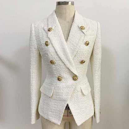 Women's Luxury Double breasts Fitted Tweed Blazer Golden Lion Buttons White