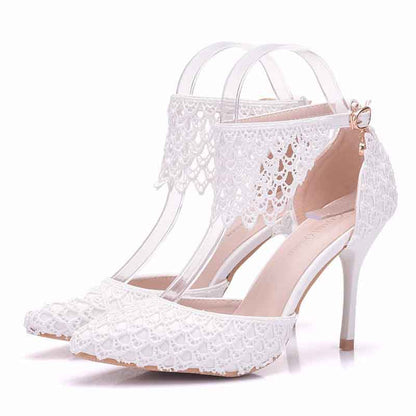 Women High Heels White Lace Wedding Shoes Pointed Toe Bridal Shoes