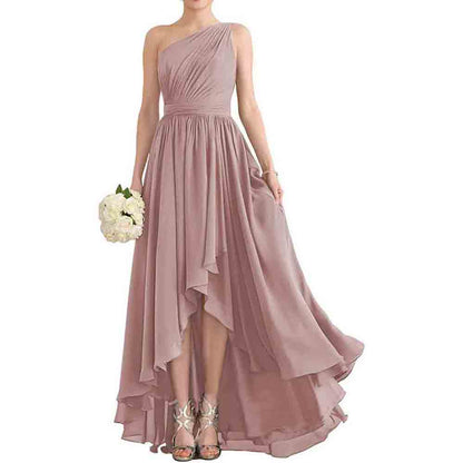 Women's One Shoulder Bridesmaid Dresses High Low Chiffon Evening Formal Gown with Pockets