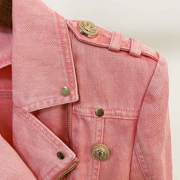 Women's Golden Lion Buttons Belted Denim Biker Jacket Coat Pink
