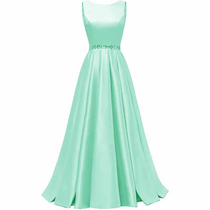 Women Long Prom Dress Satin A-Line with Beaded Belt Formal Evening Gown