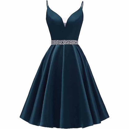 Girls Spaghetti Short Satin Prom Dress V-Neck Beaded Homecoming Evening Party Gowns