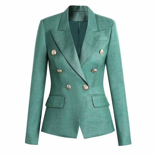 Women's Teal Green Textured Luxury Fitted Double Breasted Blazer with Lion Buttons - SLIM FIT