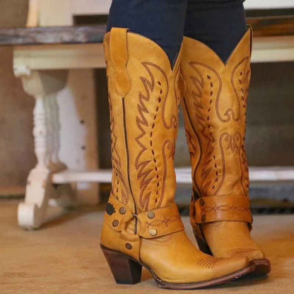Women's Floral Embroidered Western Boots Knee High Cowboy Boots
