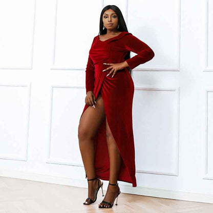 Women Plus Size Red Velvet Prom Long Sleeves Maxi Evening Dress