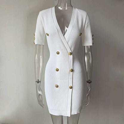 Women Ribbed-knit Short-sleeve Dress V-neck Minidress Cockail Dress