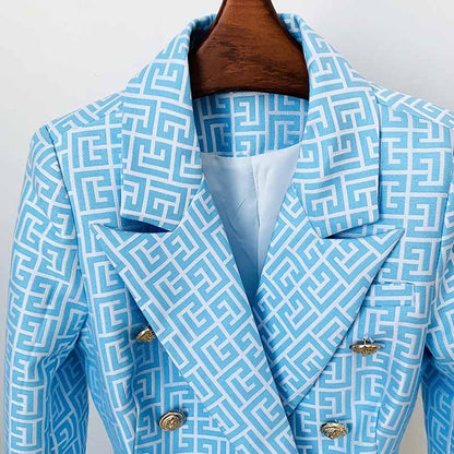 Women's Blue Blazer Labyrinth Pattern Jacket Coats with Gold Buttons