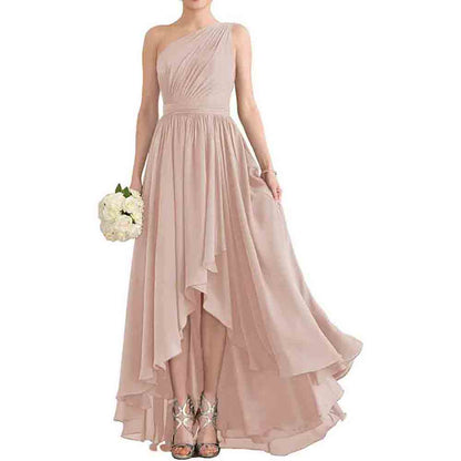 Women's One Shoulder Bridesmaid Dresses High Low Chiffon Evening Formal Gown with Pockets