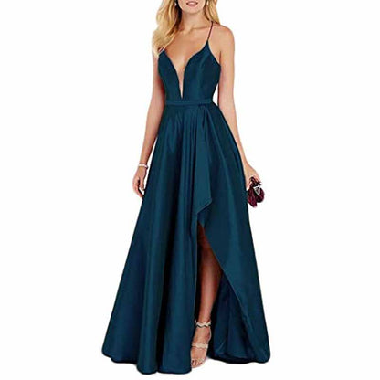 Women's Sexy Satin Deep V Neck Backless Hi Lo Prom Party Evening Dress