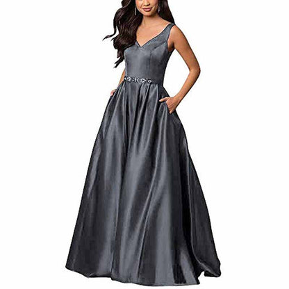 Women's Satin Bridesmaid Dress With Pocket Long Formal Evening Party Maxi Dress