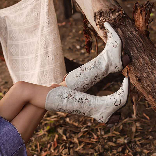 Women Embroidered Cowgirl Fashion Boots Chunky Boots