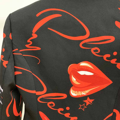 Womens Black Printing Blazer + Flare Trousers Suit Two Piece Formal Pantsuits