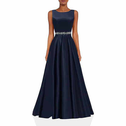 Women Long Prom Dress Satin A-Line with Beaded Belt Formal Evening Gown
