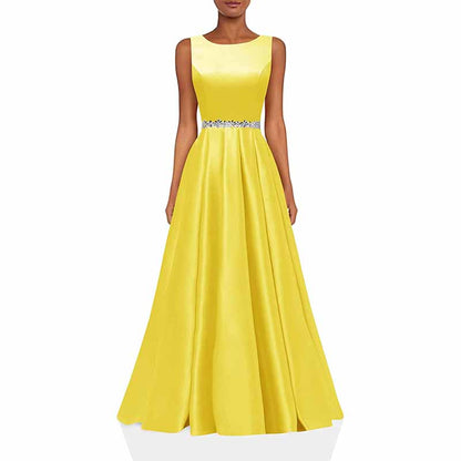 Women Long Prom Dress Satin A-Line with Beaded Belt Formal Evening Gown