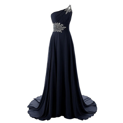 One-Shoulder Long Prom Dress Beads Details Bridesmaid Dress Long Maxi Dress