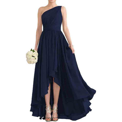 Women's One Shoulder Bridesmaid Dresses High Low Chiffon Evening Formal Gown with Pockets