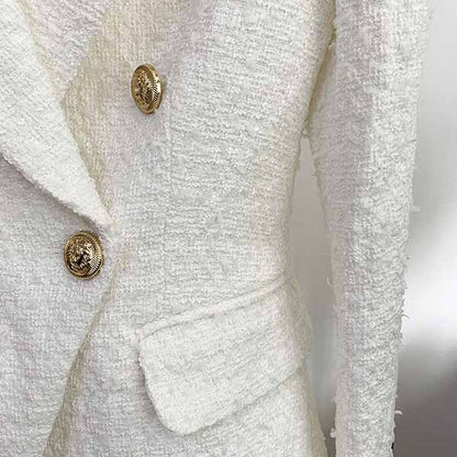 Women's Luxury Double breasts Fitted Tweed Blazer Golden Lion Buttons White