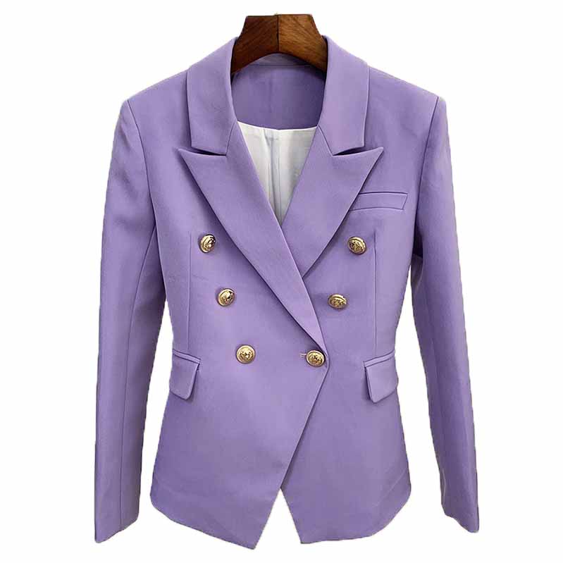 Women's Purple Textured Luxury Fitted Double Breasted Blazer with Lion Buttons