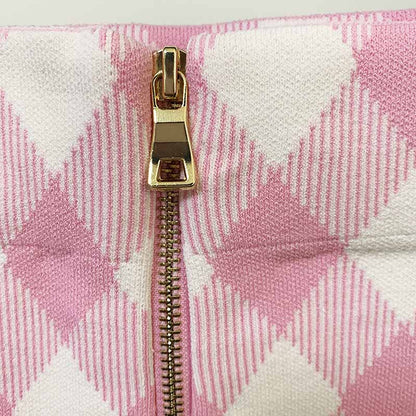 Women Pink Houndstooth Check Skirt Tweed Skirt Stretchy High Waisted Short Skirt