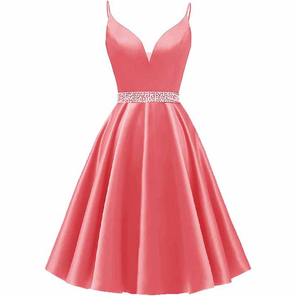 Girls Spaghetti Short Satin Prom Dress V-Neck Beaded Homecoming Evening Party Gowns