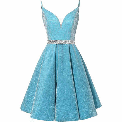 Girls Spaghetti Short Satin Prom Dress V-Neck Beaded Homecoming Evening Party Gowns