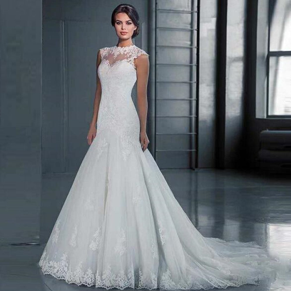 sd-hk White Mermaid Wedding Dress Lace Hollow Out Bride Prom Gowns