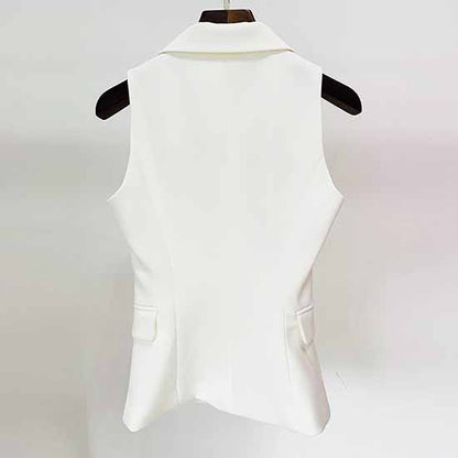 Womens White Sleeveless Button Collar Coat V Neck Button Down Top Jacket