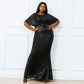 Women's Plus Size Shinny Sequin Black Evening Dress Sleeve Prom Gown