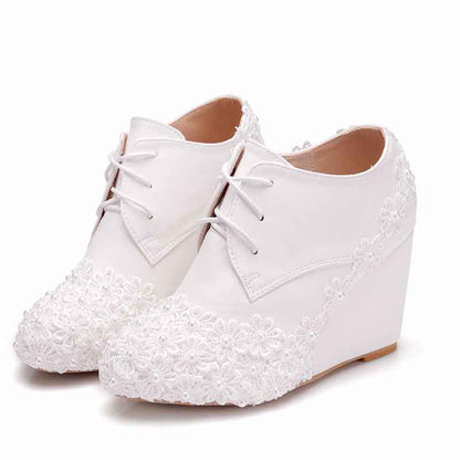 Wedding Platform Wedges Shoes Round Toe Lace Up Pumps Bridal Shoes