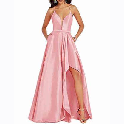 Women's Sexy Satin Deep V Neck Backless Hi Lo Prom Party Evening Dress