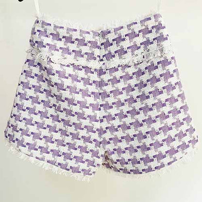 Women's Plaid Shorts Wool High Waist Houndstooth Check Tweed Shorts
