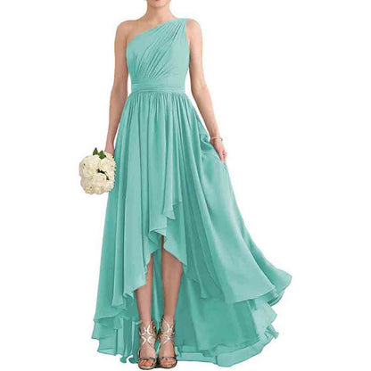 Women's One Shoulder Bridesmaid Dresses High Low Chiffon Evening Formal Gown with Pockets