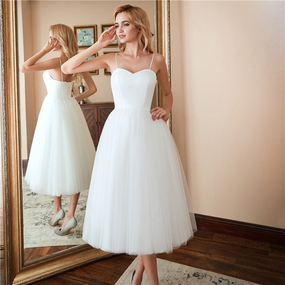 sd-hk White Wedding Dress Lace Slip Midi Dress