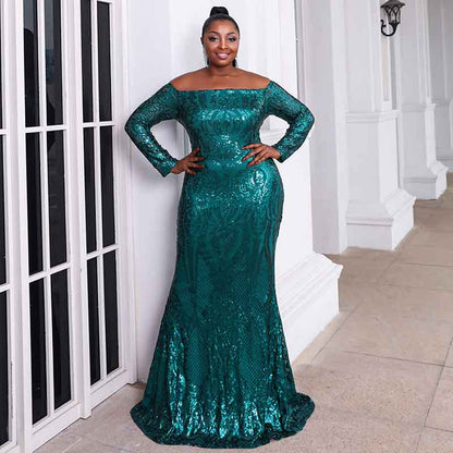 Women Plus Size Green Sequin Prom Dress Evening Maxi Dresses for Weddings