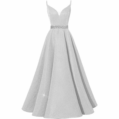Women Prom Dress Long V-Neck Spaghetti Beaded Belt Formal Evening Ball Gowns