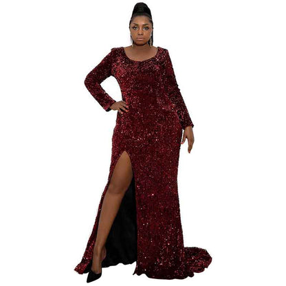 Women Plus Size Wine Red Prom Mermaid Gowns High Split Sequin Prom