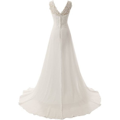 Elegant back view of an affordable simple wedding dress for bride with lace detailing and flowing silhouette