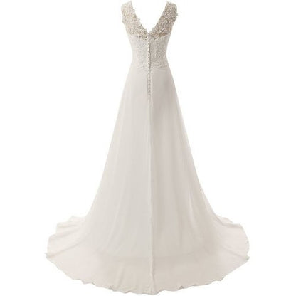 Elegant back view of an affordable simple wedding dress for bride with lace detailing and flowing silhouette