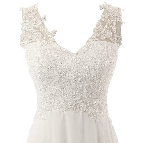 Elegant affordable simple wedding dress for bride with intricate lace detailing and V-neckline