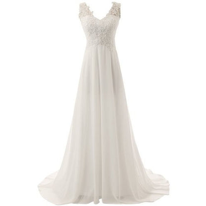 Affordable simple wedding dress for bride with elegant lace detailing and flowing chiffon skirt