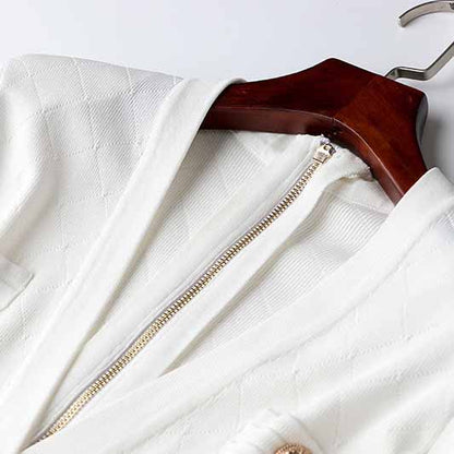 Women White Button-up Knitted Minidress V Neck Long Sleeves ribbed-knit Dress