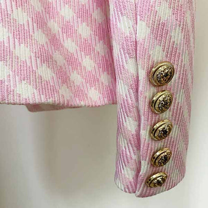 Women's Pink White Tweed Luxury Fitted Double Breasted Blazer with Lion Buttons