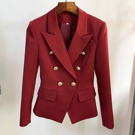 Womens Wine Red Jacket Coat Metal Lion Button Double Breasted Slim Blazer