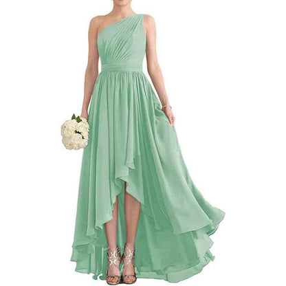 Women's One Shoulder Bridesmaid Dresses High Low Chiffon Evening Formal Gown with Pockets