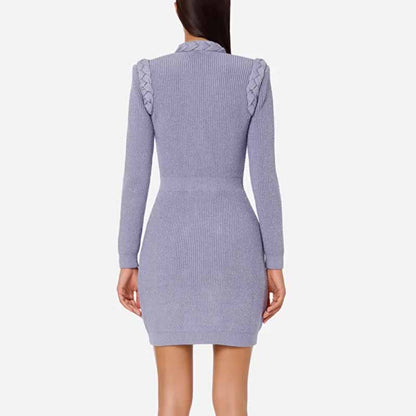 Women Lavender Button-up Knitted Minidress V Neck Mini ribbed-knit Dress